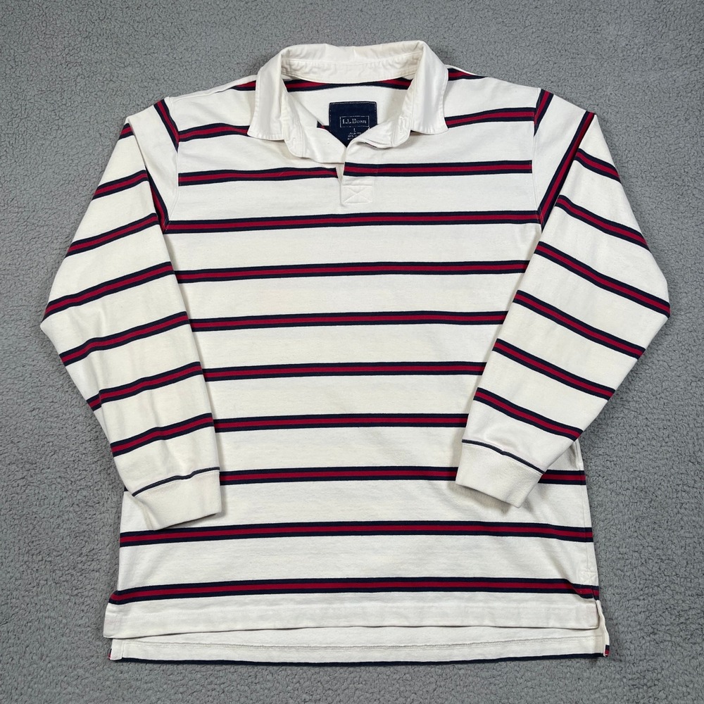 LL Bean Rugby Shirt Mens L White Striped Long Sleeve Heavy Cotton Polo Prep Ivy